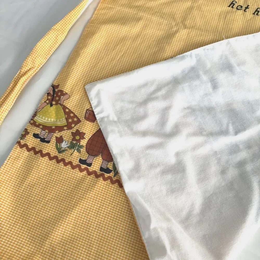 Vtg 1950s 1960s Full Apron Dutch Boys Girls Yellow Gingham Cotton Lined 1/2 Work